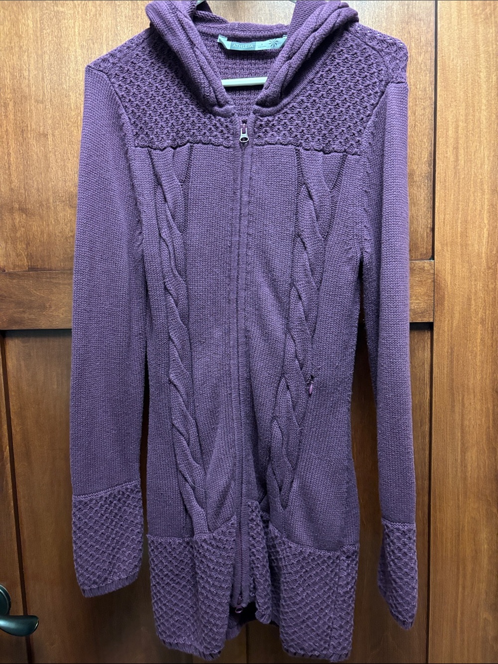 Athleta Plum Hooded Cable-Knit Zip Cardigan